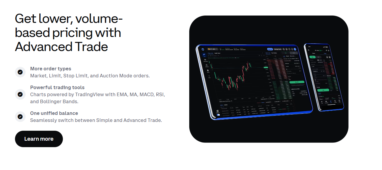 Coinbase's Advanced Trade page, showing a candlestick chart and order book on a tablet and a phone.